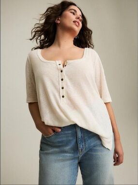 Lane Bryant Linen-Textured Henley Top in Cream size Large/12 NWT